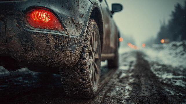Close up of a car rear wheel covered in dirty slush and snow on a winter road, showing cold weather conditions, travel hazards, and seasonal driving challenges.