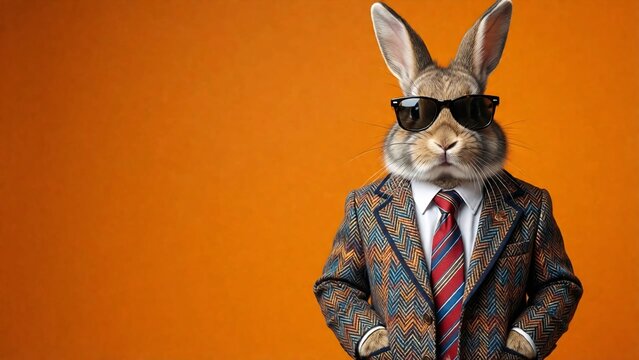 A Rabit wearing sunglasses and a funky jacket looking at the camera
