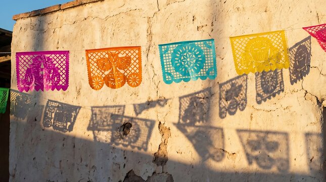 Traditional Mexican Papel Picado Banners Hanging on a Weathered Exterior Wall.