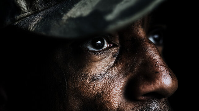 Close up portrait of rugged soldier with dirt on face and intense gaze, conveying raw emotion, hardship, and dramatic lighting in a gritty war atmosphere.
