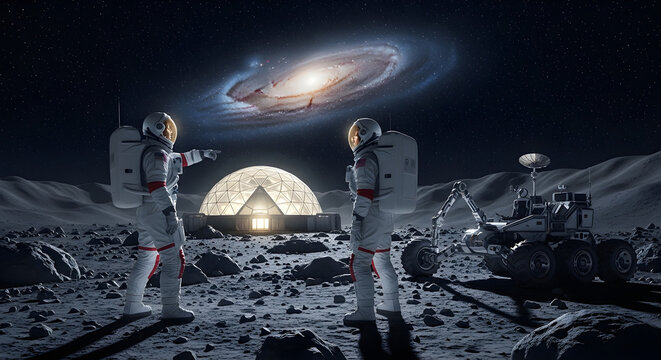 Two astronauts standing on moon with galaxy in background