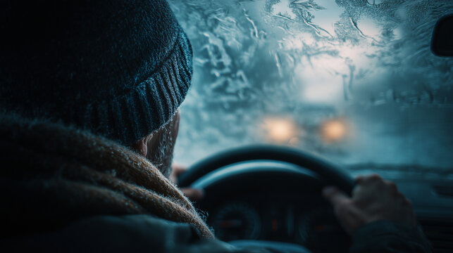 Driver looking through frosted windshield in winter, capturing cold weather, focus, and safety while driving in icy conditions.