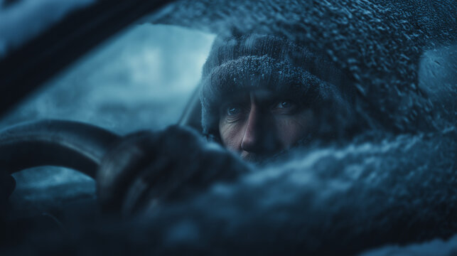 Driver looking through frosted windshield in winter, capturing cold weather, focus, and safety while driving in icy conditions.