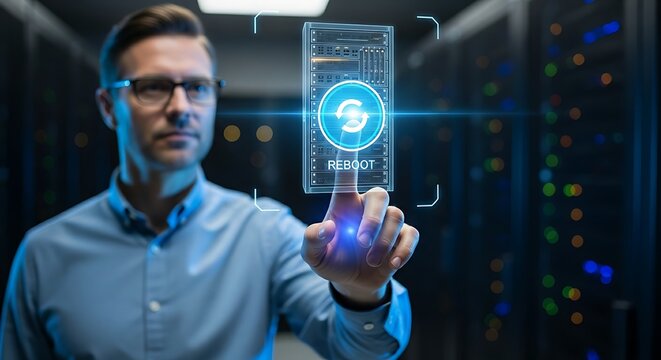 System reboot concept. An IT professional's hands interact with a hologram of a single server, touching a button that initiates a reboot, showing a glowing circular 'reboot' icon.