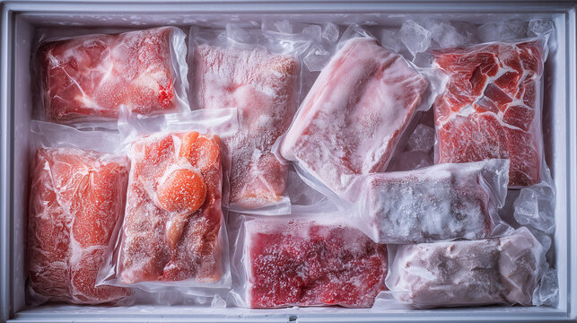 Frozen meat cuts sealed in plastic bags inside freezer, representing food preservation, cold storage, and organized home kitchen supply.