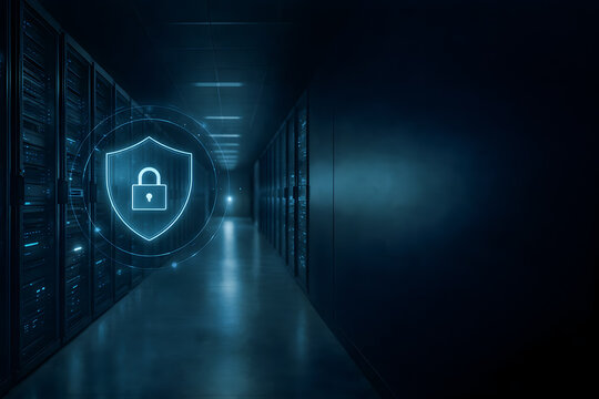 Cybersecurity protection in data center with secure server infrastructure and digital shield icon