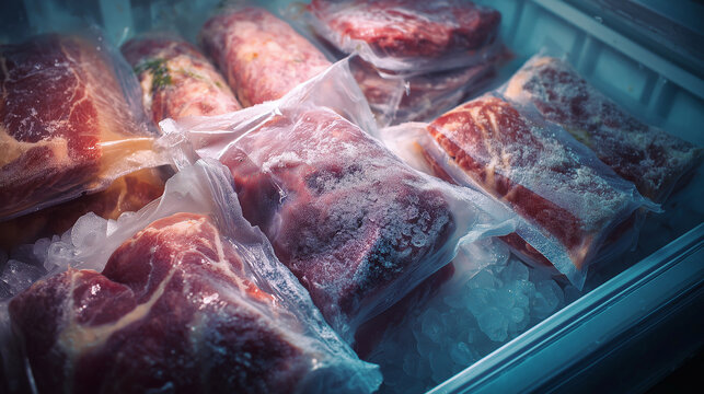 Frozen meat cuts sealed in plastic bags inside freezer, representing food preservation, cold storage, and organized home kitchen supply.