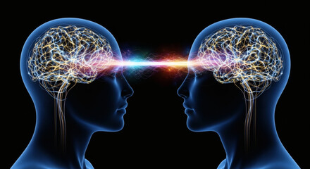 Obraz premium Telepathic communication between two glowing human minds concept