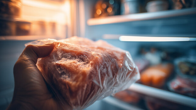 Hand holding frozen raw meat in plastic bag inside freezer refrigerator, cold storage concept, food preservation and kitchen hygiene close up.