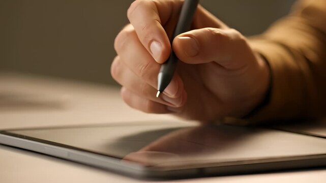Close-Up of Hand Using Stylus Pen on Digital Tablet Screen for Design or Writing