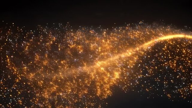 golden sparkling wave light trail glowing particles on black abstract background