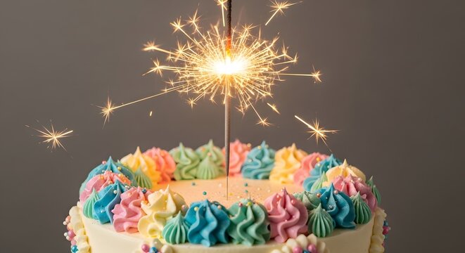 colorful birthday cake decorated with pastel frosting and sparkling sparkler candle on gray background