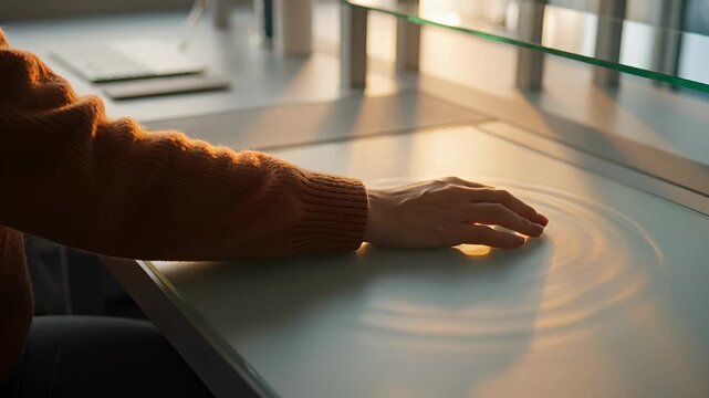 Close-Up of a Person's Hand Touching a Futuristic Interactive Touchscreen Table