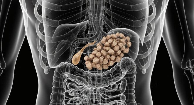 Medical illustration of gallstones inside the human gallbladder