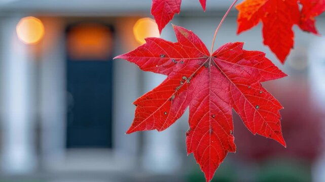 Vibrant Autumn Foliage: A striking crimson maple leaf takes center stage against the blurred backdrop of a classic building, creating a stunning contrast of colors and textures.