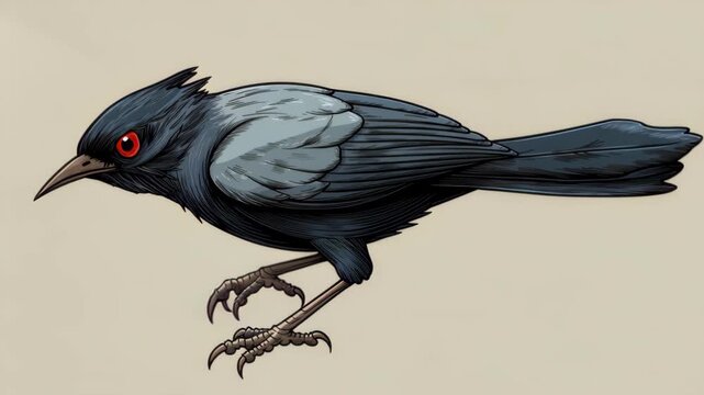 Dark Aviary Spectacle: A meticulously crafted illustration presents a striking, obsidian-hued bird, its vibrant red eyes adding a pop of color against a backdrop of muted tones.