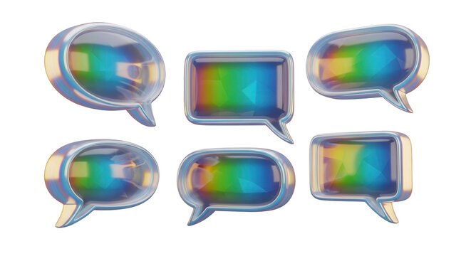 3d hologram speech bubble set. Neon talk message shape glossy holographic effect. Empty dialog box, talk chat, speak bubble text. Vector yk illustration