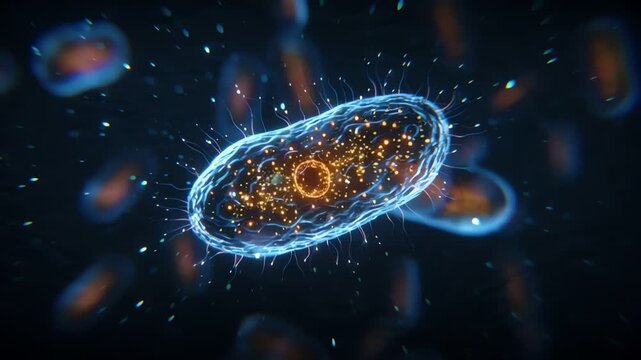 closeup glowing blue and orange bacteria with intricate internal structure in dark background