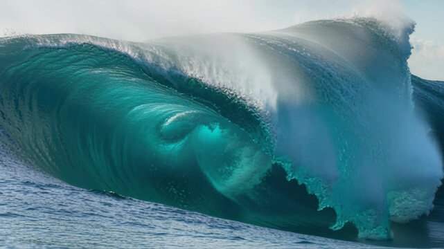 The Majestic Wave: Capturing a moment of nature's raw power, a massive ocean wave unfurls in a display of liquid art. A stunning turquoise hue and the wave's dynamic form command attention.