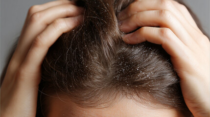 Naklejka premium Top view close up of woman scalp with visible dandruff flakes, highlighting hair health issue, dryness, and dermatology concept.