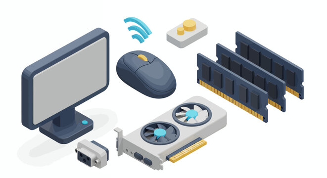 Display of computer components including monitor, peripherals, and internal hardware parts.
