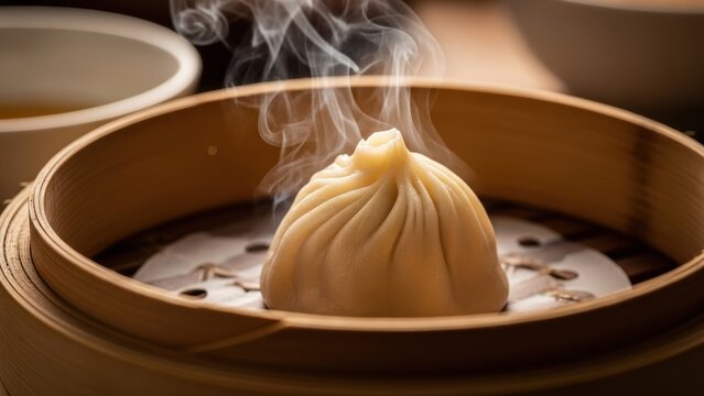 A steaming soup dumpling in a bamboo steamer basket.
