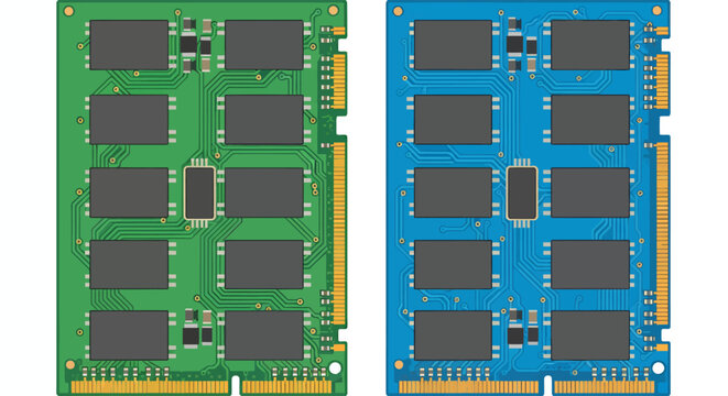 Two Parallel Computer Memory Modules on Green and Blue PCBs.