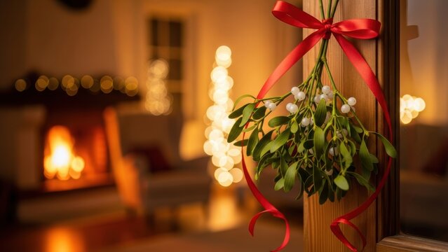 A sprig of mistletoe with a red ribbon hanging in a doorway with a cozy living room in the background.