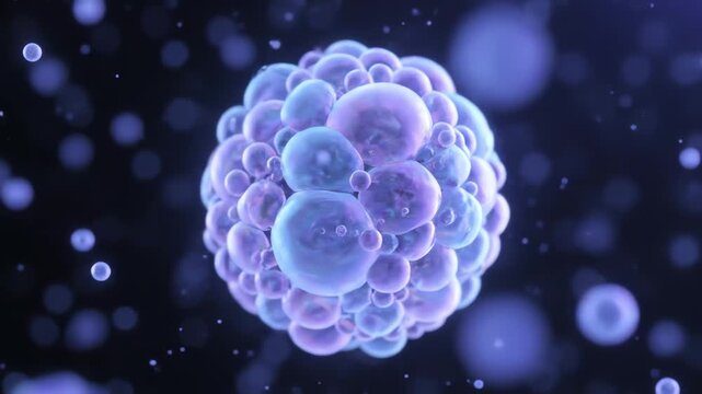 Cell Sphere of Bubbles in Blue Purple Microscale Animation with Floating Particles and Soft Glowing Light