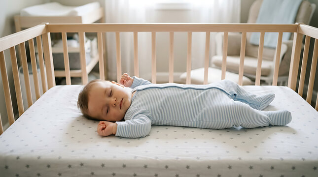 A baby lies on its back in a crib in a nursery.