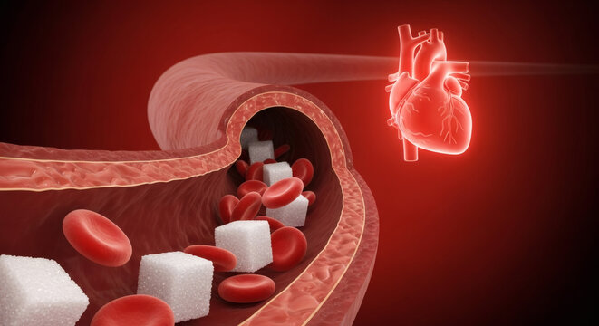 Glucose sugar cubes in bloodstream with human heart medical concept