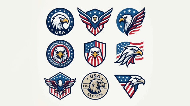 Collection of various American flag and eagle emblems displayed on a USA theme