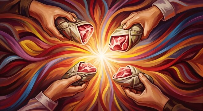 Hands sharing wrapped tacos with vibrant background bangali new year