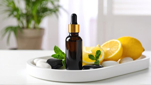 Amber Dropper Bottle With Lemon Spa Arrangement.