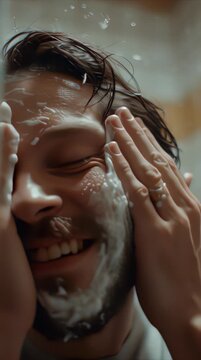 Close-up of a man washing his face with soap and water.