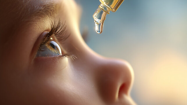 Close up side profile of a child receiving eye drops, highlighting pediatric care, healthcare treatment, and medical hygiene in a calm clinical setting.