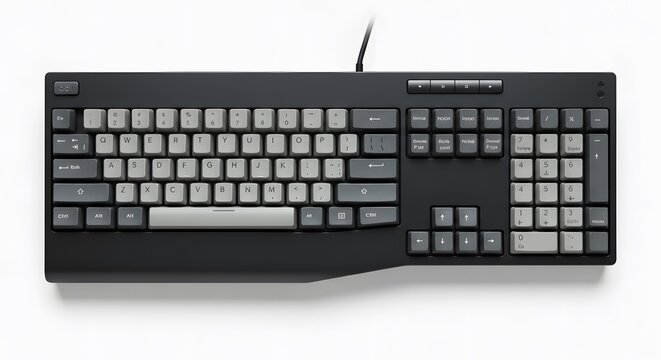 A dark gray keyboard on a white surface It features light gray keys and some Cyrillic letters