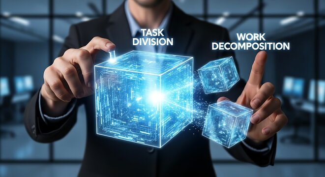 Task decomposition concept. A project manager's hands split a large holographic block into two smaller parts, representing the breakdown of tasks.