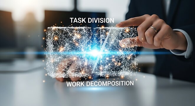 Task decomposition concept. A project manager's hands split a large holographic block into two smaller parts, representing the breakdown of tasks.