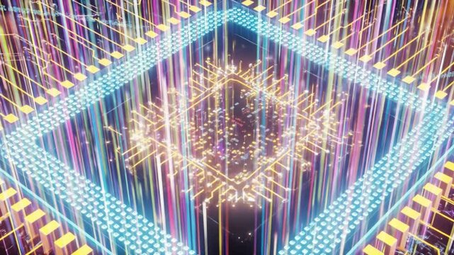 Abstract digital representation square circuit pattern with radiating lines and central grid