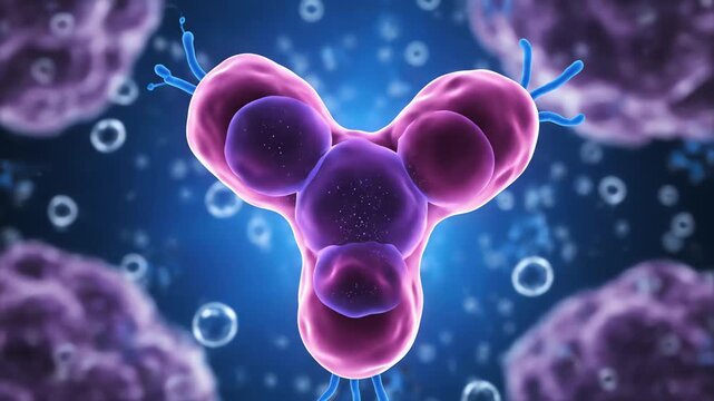 Cell Biology Animated Microscope Scene Showing Colorful Purple Pink Multilobed Structure in Blue Fluid Background