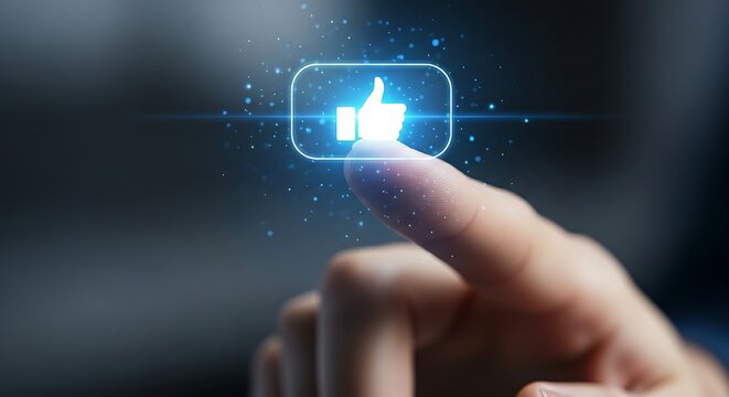 Social approval concept. Close-up of a finger pressing a 'like' (thumbs-up) button on a holographic interface, which glows blue to confirm the action.
