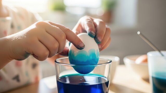 A child's hands carefully dyeing an Easter egg blue.