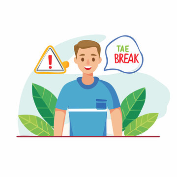 Man taking a break concept illustration with leaves and warning sign.