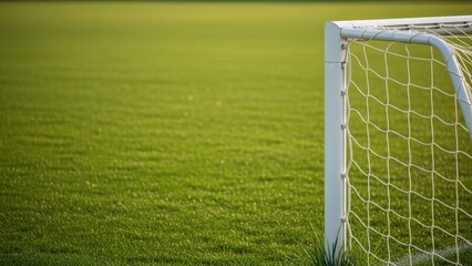Fototapeta premium The corner of a soccer goal on a sunny, green field with copy space.