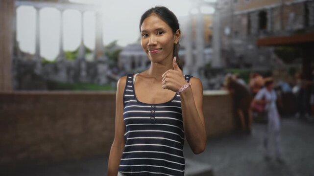 Thai woman showing thumbsup with a closed eye smile in a historic building plaza; confidence travel journey.