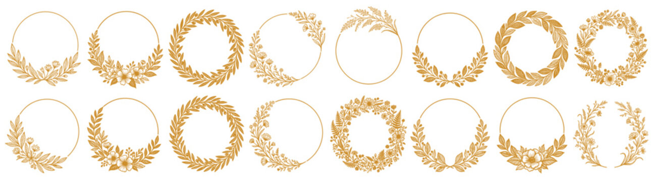 Elegant Minimalist Vector Graphic Set: Golden Botanical Wreaths and Circular Leafy Frames Isolated on White