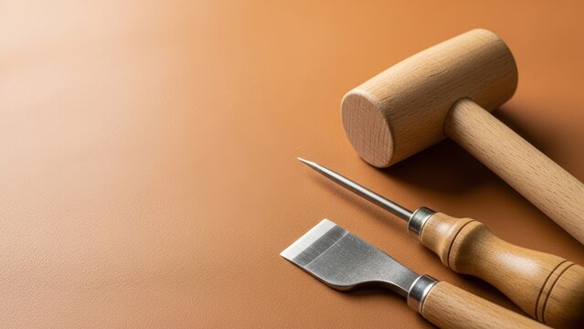 Leather craft tools including a mallet and awl on a brown background.