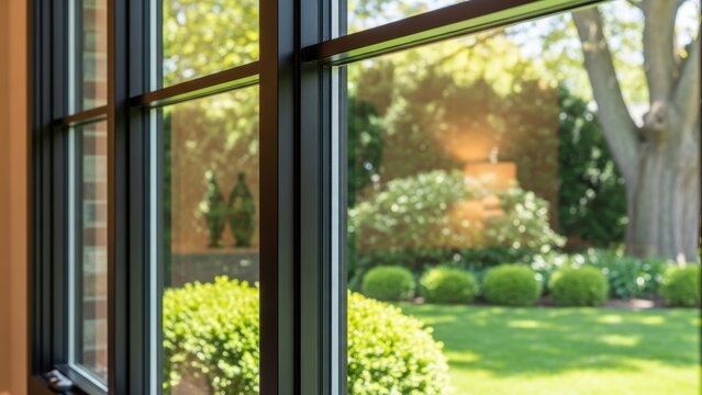 A view through a modern black-framed window into a lush green yard.