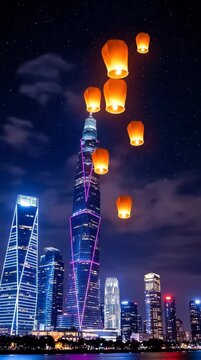 Nighttime cityscape with glowing sky lanterns floating over modern skyscrapers.